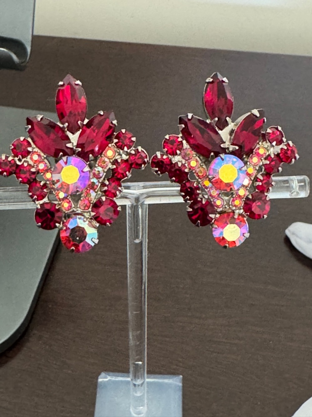 Glam Red Crystal Cluster Clip-On Earrings #6225